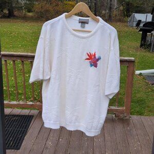 Vintage Liz Baker Sz 24W White Embroider Shrt Sleeve Sweater Cottagecore Grandma